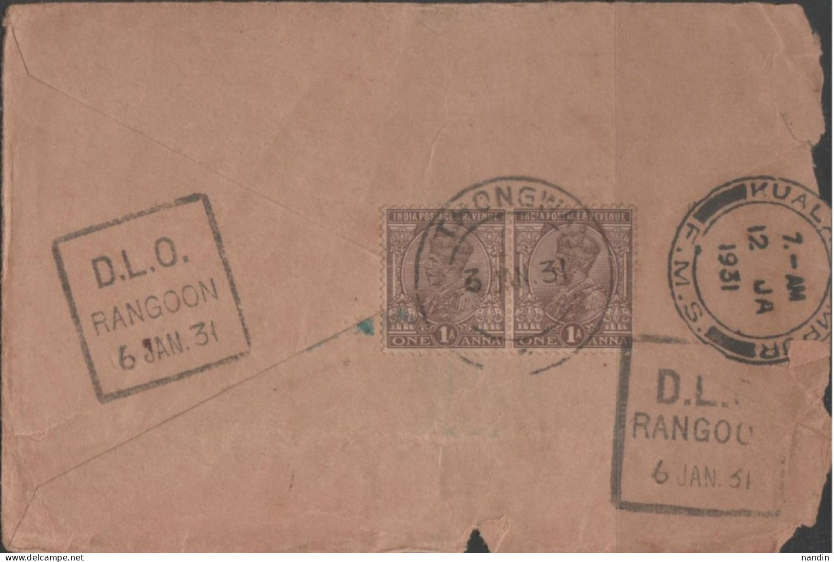 1931 INDIA USED ABROAD/  PRIVATE  ENVELOPE  From  THONGWA,BURMA (RETD)/POSTMARK KUALALAMPUR R.M.S.,RANGOON D.L.O. - Altri & Non Classificati