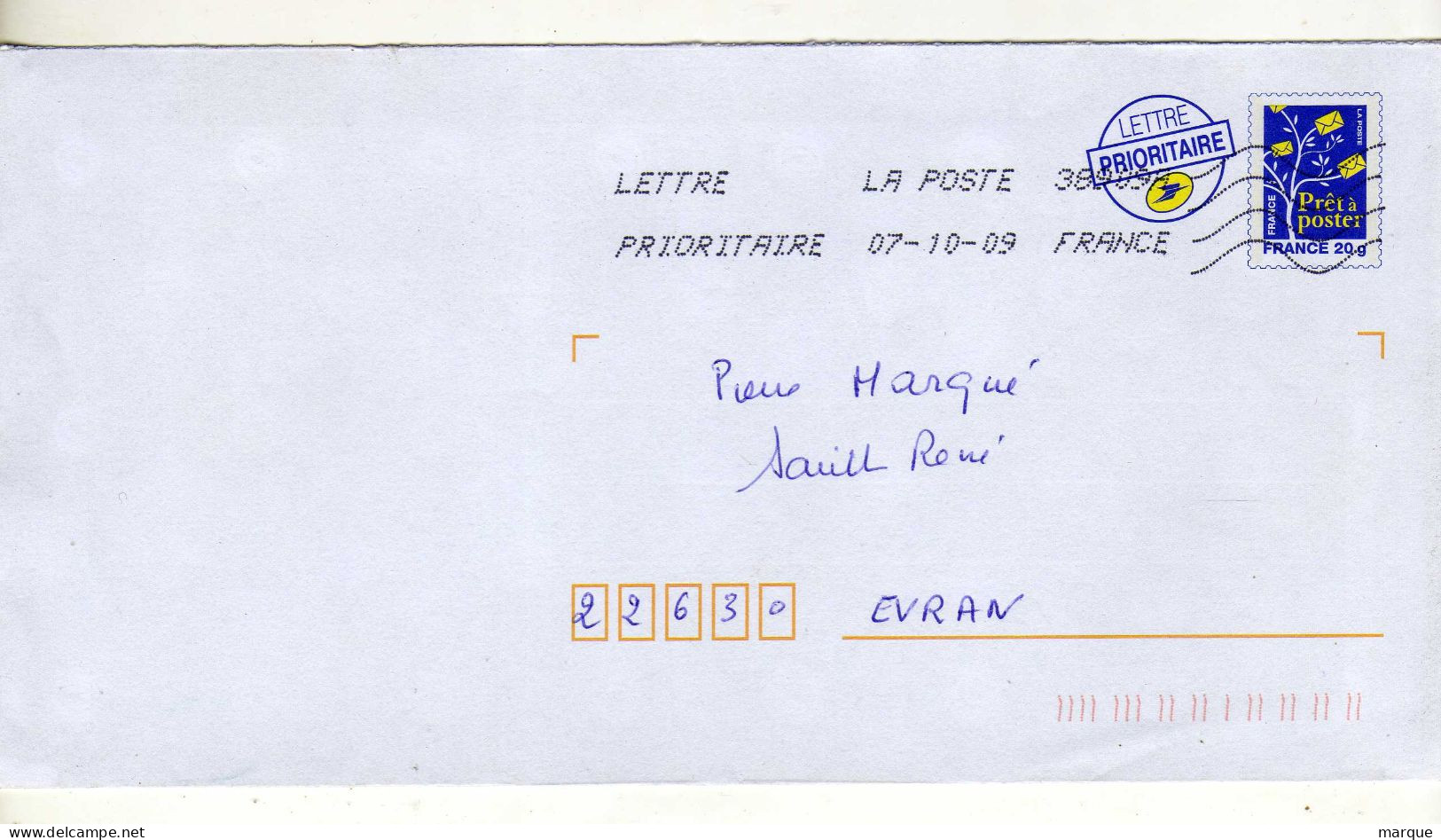 Enveloppe FRANCE Prêt à Poster Lettre Prioritaire Oblitération LA POSTE 38989A 07/10/2009 - PAP: Aufdrucke/Blaues Logo