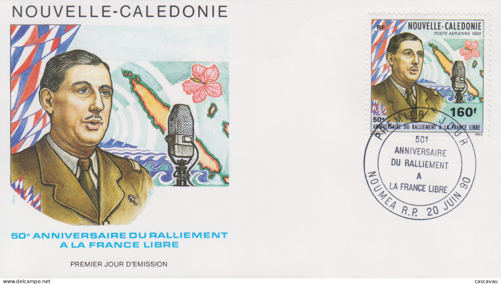 Enveloppe  FDC  1er  Jour   NOUVELLE  CALEDONIE    Ralliement  à  La  FRANCE  LIBRE      CHARLES  DE   GAULLE   1990 - FDC