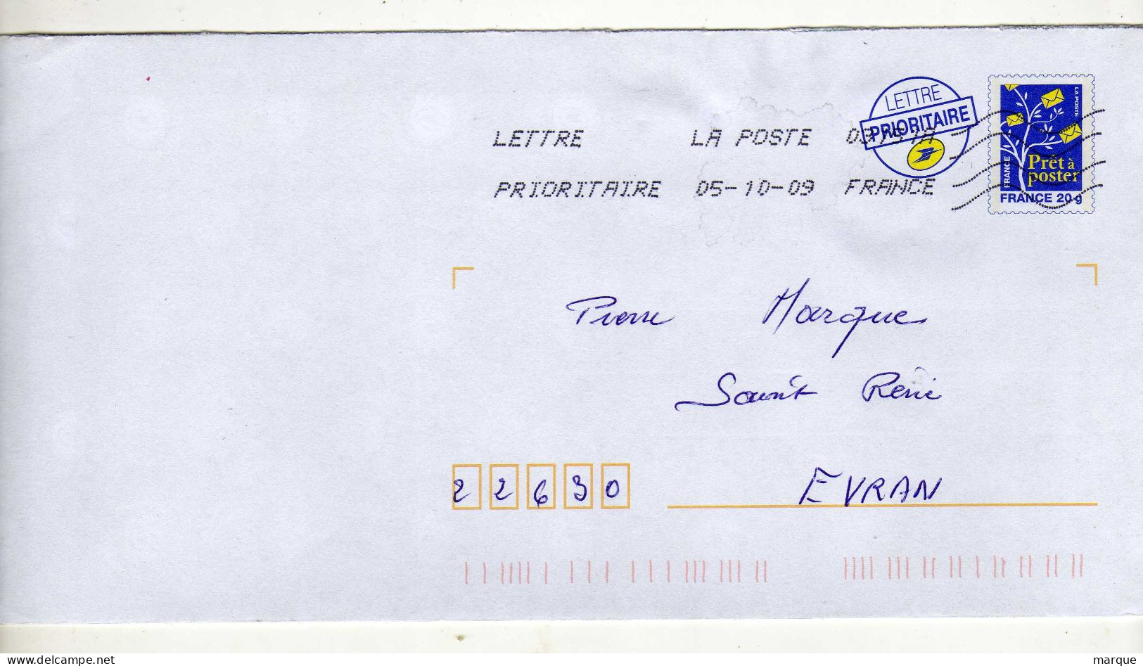 Enveloppe FRANCE Prêt à Poster Lettre Prioritaire Oblitération LA POSTE 03151A 05/10/2009 - Prêts-à-poster:Overprinting/Blue Logo