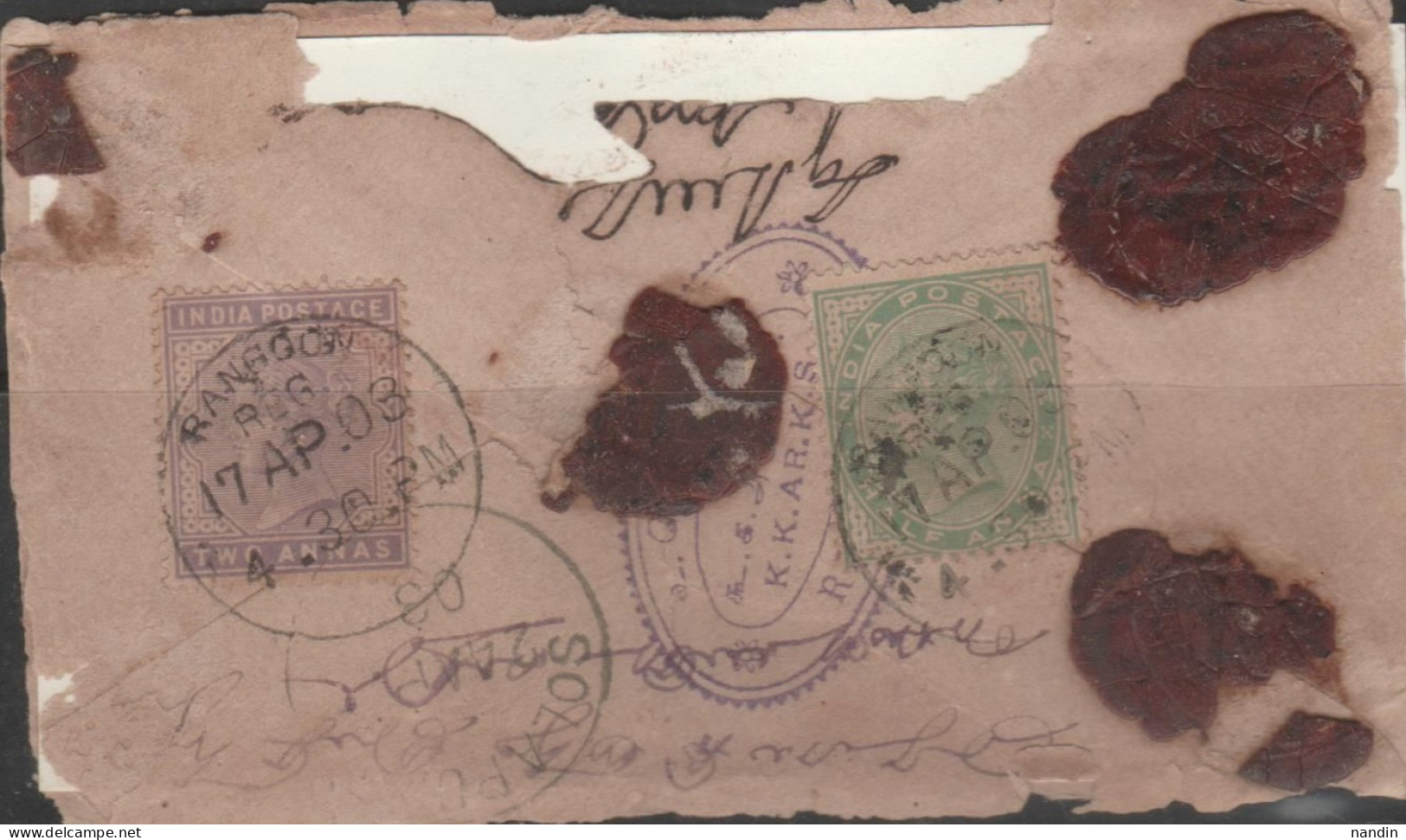 1903 INDIA USED ABROAD/ REGD,ENVELOPE Of  QV(1/2a) Uprated With 2a & 1/2a Stamps  From  RANGOON TO SOLAPUR - Altri & Non Classificati