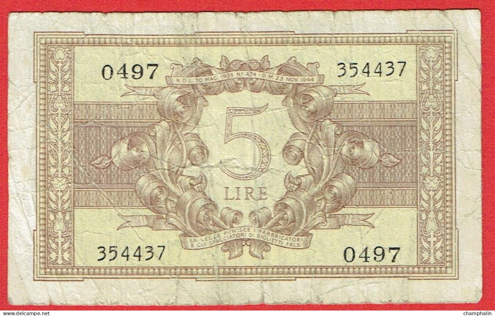 Italie - Billet De 5 Lire - 23 Novembre 1944 - P31c - Italia – 5 Lire