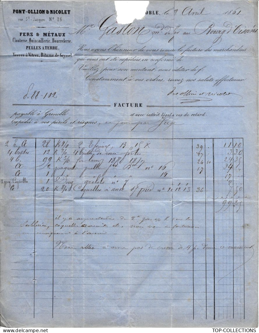 1861 ENTETE PONT OLLION & NICOLET Grenoble Isère  Fer Et Métaux => Gaston Marchand De Fer à Bourg D’Oisans V.HISTORIQUE - 1800 – 1899