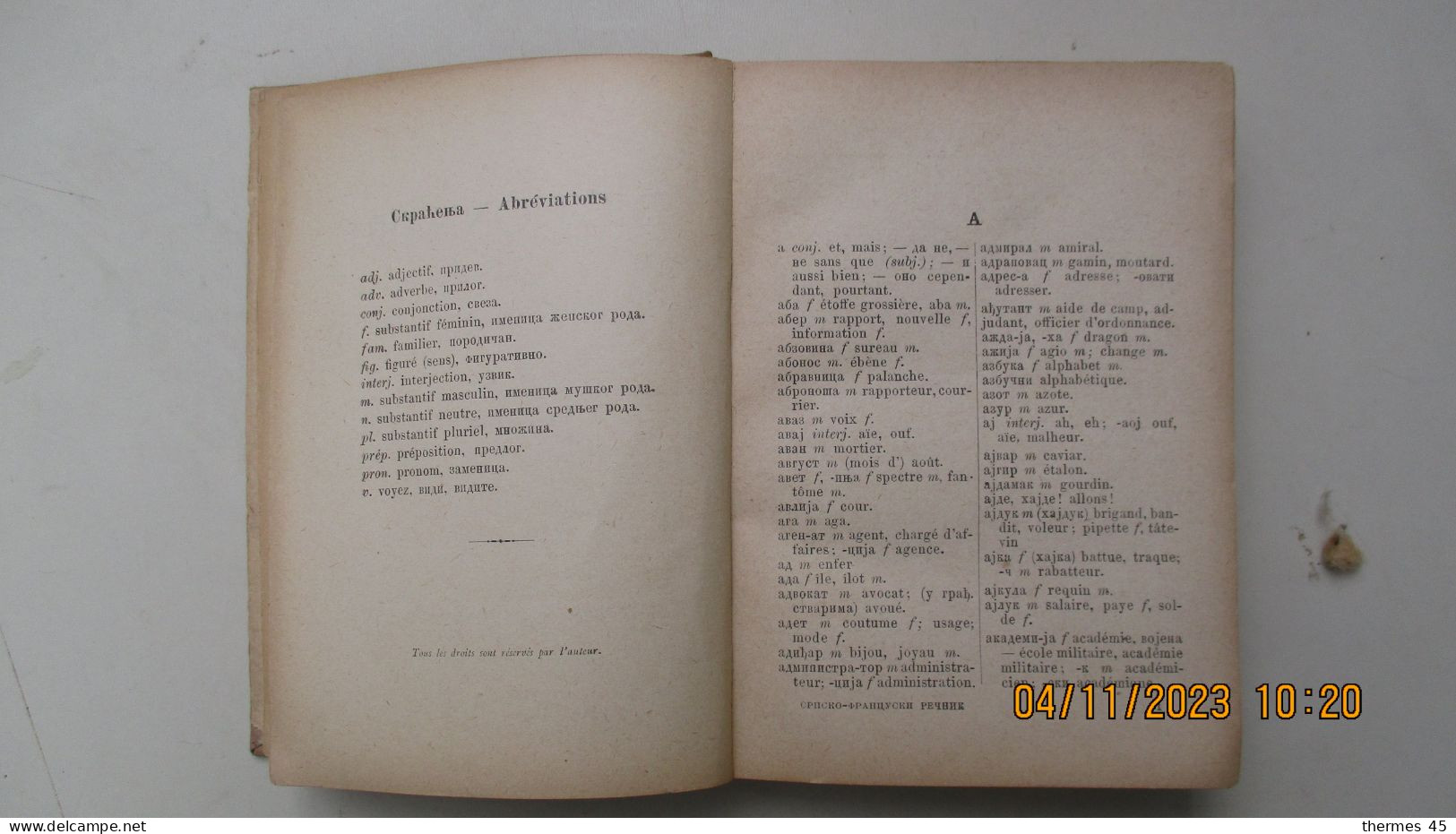 SERBE-FRANCAIS/ DICTIONNAIRE 1895/ par STEVOVITCH/ BELGRADE