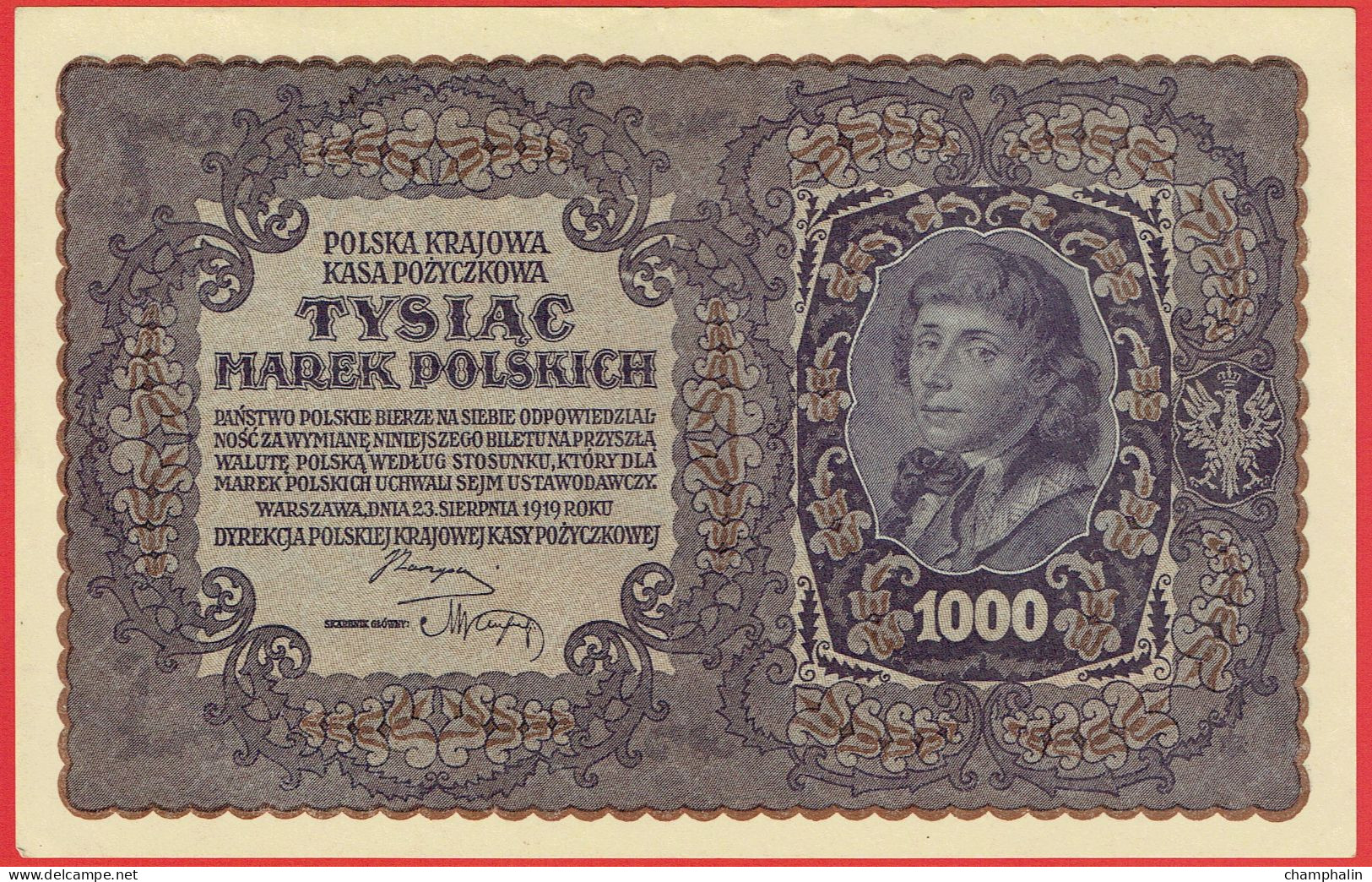 Pologne - Billet De 1000 Marek - Tadeusz Kosciuszko - 23 Août 1919 - P29 - Neuf - Pologne