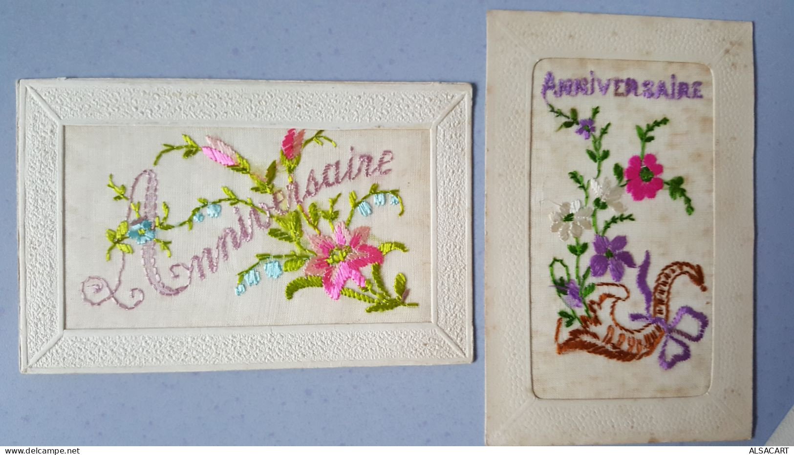 2 Cartes Fantaisies Brodées , Anniversaire  , Fleur - Bestickt
