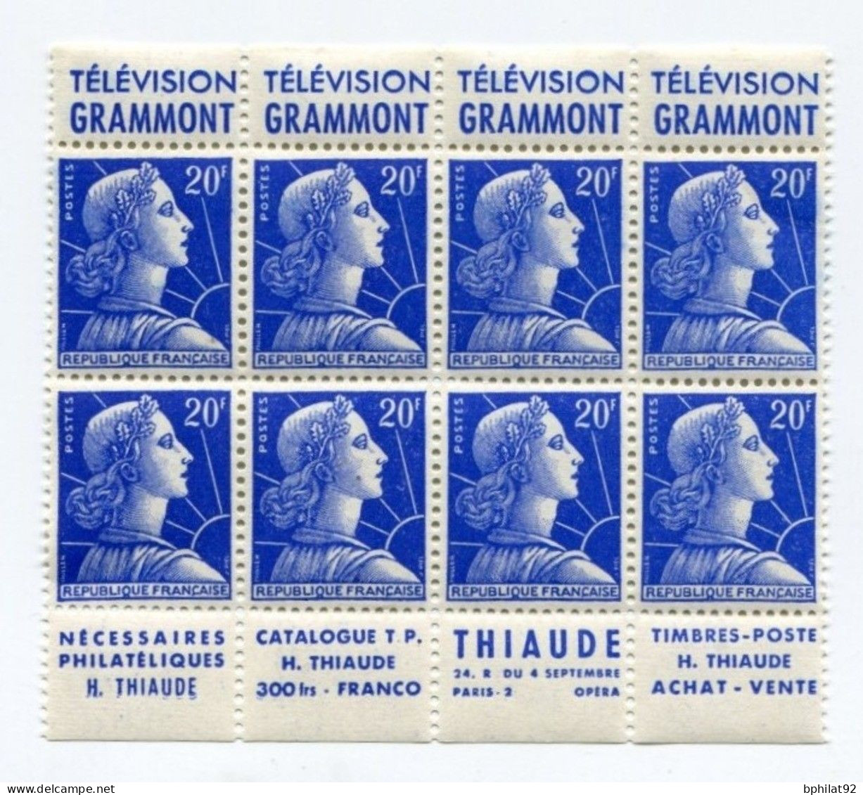 !!! 20 F MARIANNE DE MULLER BLOC DE 8 AVEC BANDES PUBS GRAMMONT - THIAUDE NEUF ** - Unused Stamps