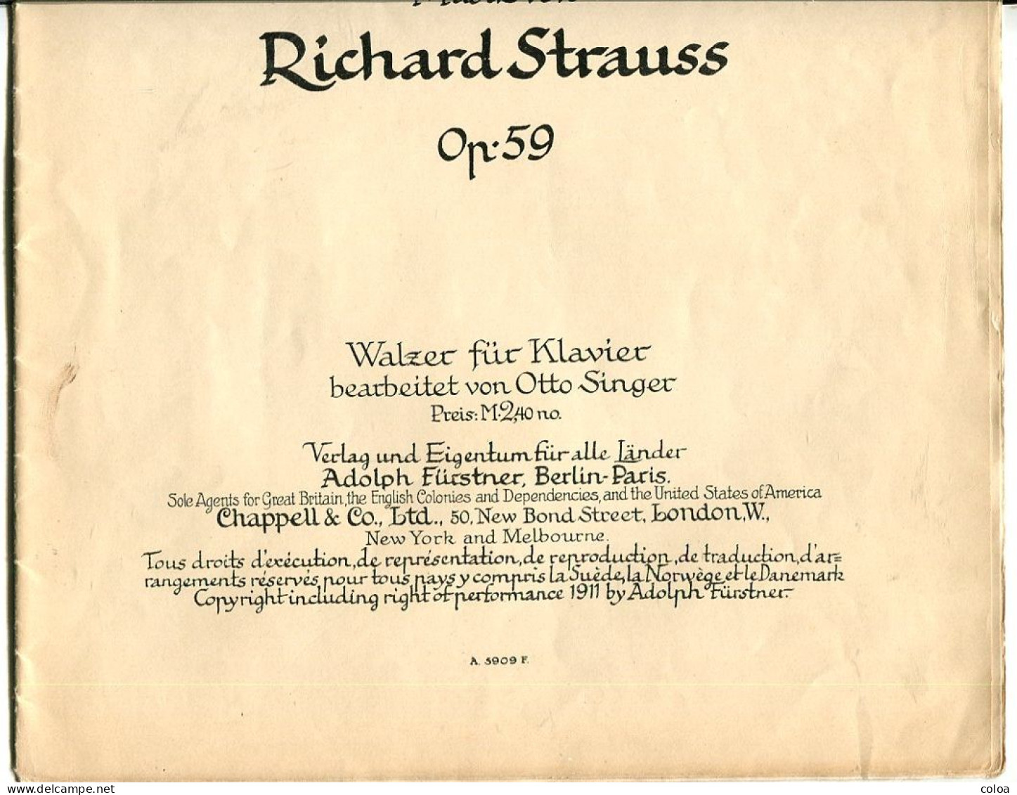 Partition Der Rosenkavalier Kömödie Für Von Hugo Von Hofmansthal  Richard Strauss 1911 - S-U