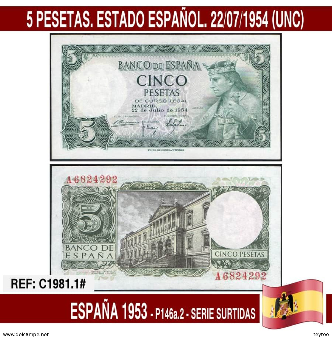 C1981.1# España 1954. 5 Pts. Estado Español (UNC) P146a.2 - 5 Peseten