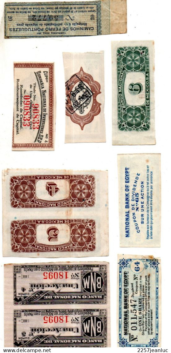 Rare Lot De 10 Bons  Ou Coupons  De Dividende  * Accion Banco Nacional  De México * Portuguezes Et Bank Of Egypt - Alla Rinfusa - Banconote