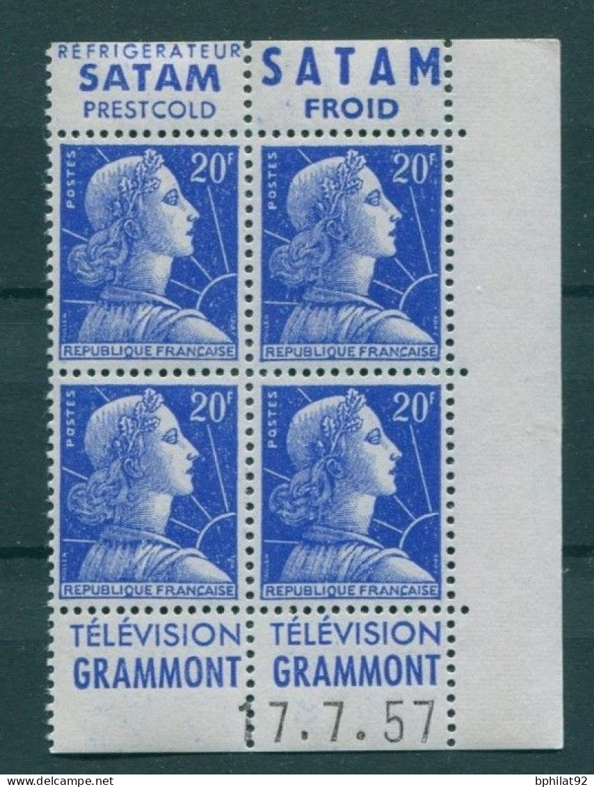 !!! 20 F MARIANNE DE MULLER BLOC DE 4 AVEC PUBS SATAM - GRAMMONT ET COIN DATE NEUF ** - Unused Stamps