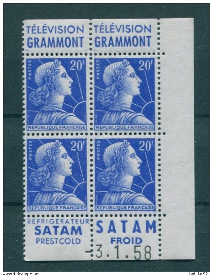 !!! 20 F MARIANNE DE MULLER BLOC DE 4 AVEC PUBS GRAMMONT/SATAM ET COIN DATE NEUF ** - Unused Stamps