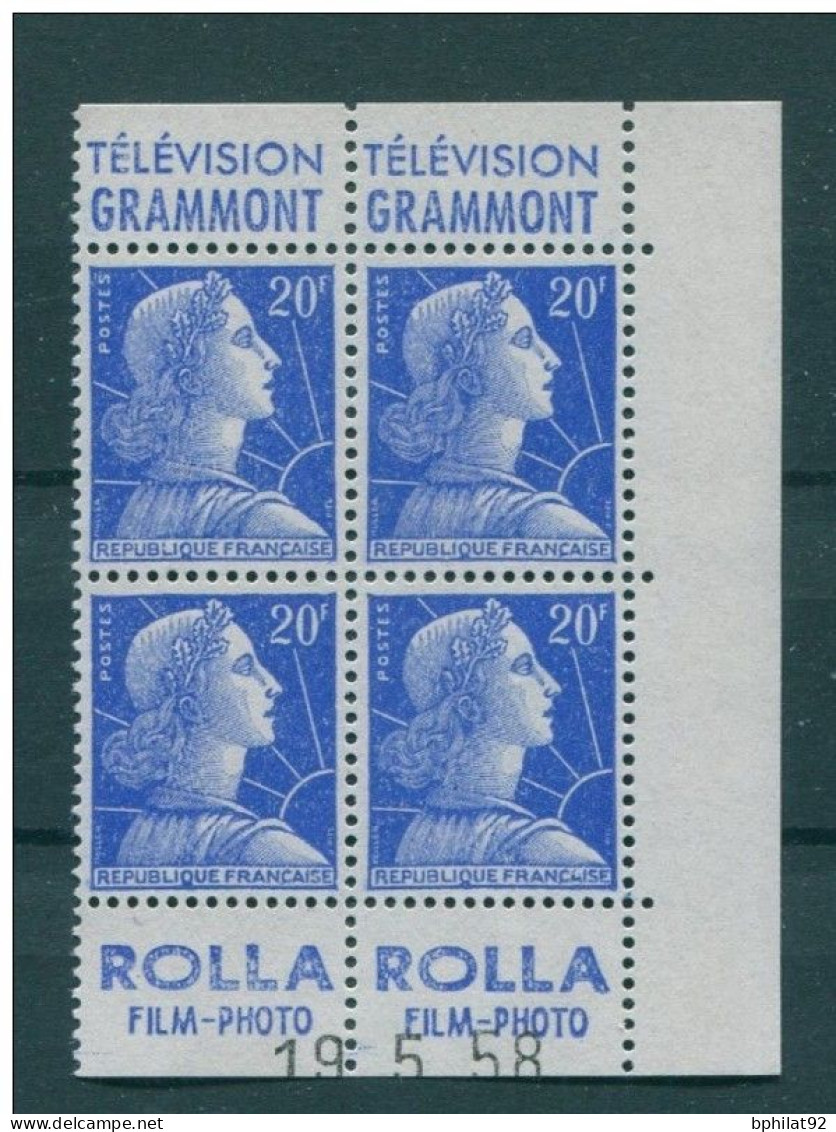 !!! 20 F MARIANNE DE MULLER BLOC DE 4 AVEC PUBS GRAMMONT - ROLLA ET COIN DATE NEUF ** - Unused Stamps