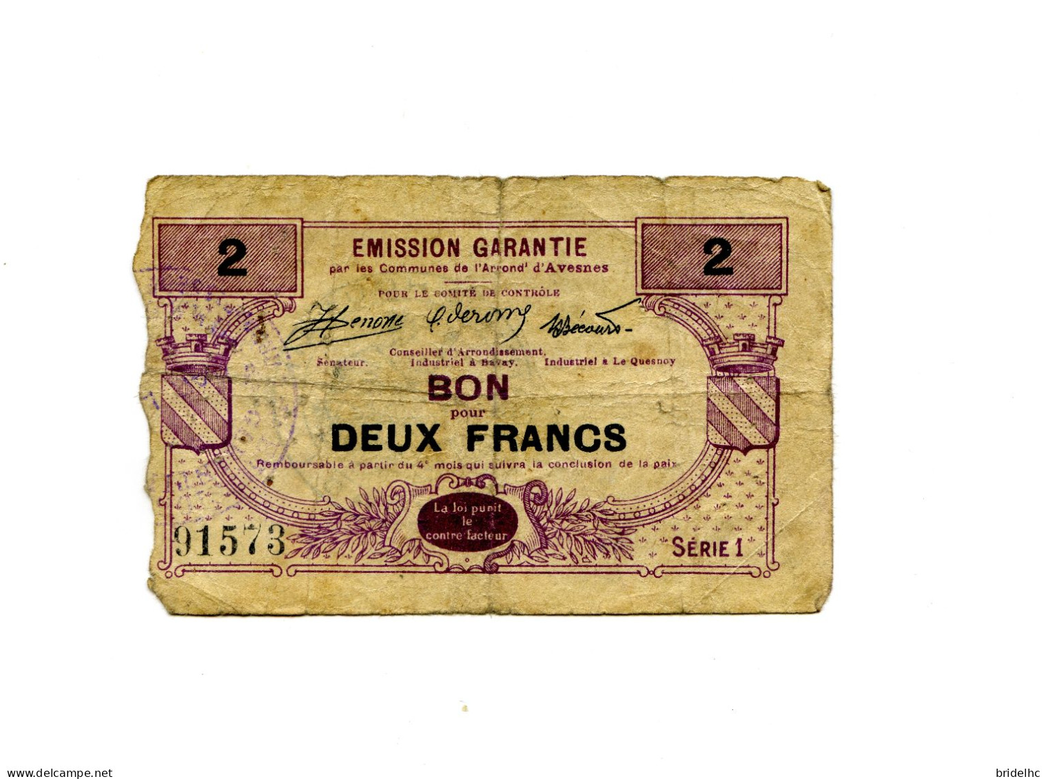 2 Francs Bon Emission Garantie Avesnes - Bons & Nécessité