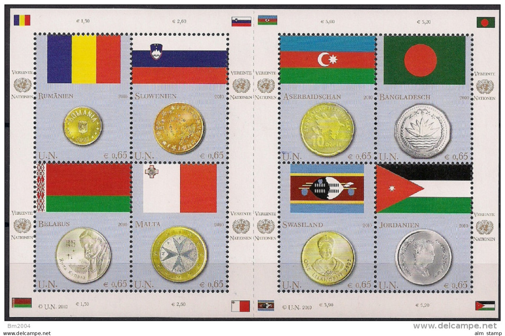 2010 UNO Wien Mi.  626-33**MNH    Flaggen Und Münzen Der Mitgliedsstaaten - Hojas Y Bloques
