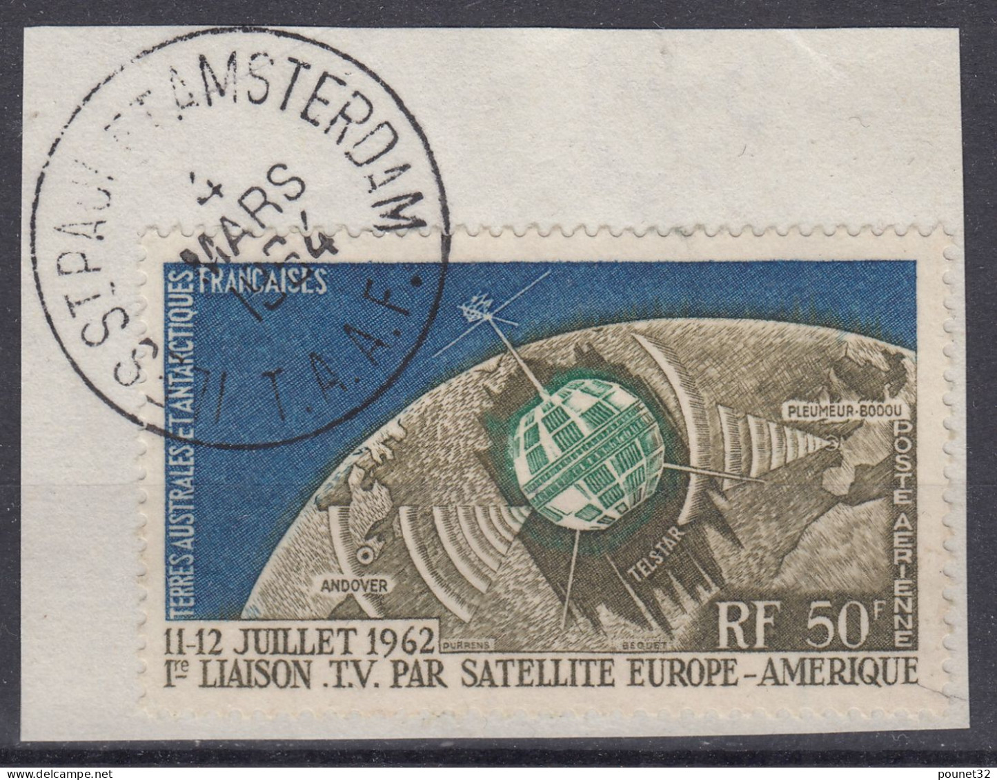 TIMBRE TAAF SATELLITE POSTE AERIENNE N° 6 OBLITERATION ILES ST PAUL ET AMSTERDAM SUR FRAGMENT - Used Stamps