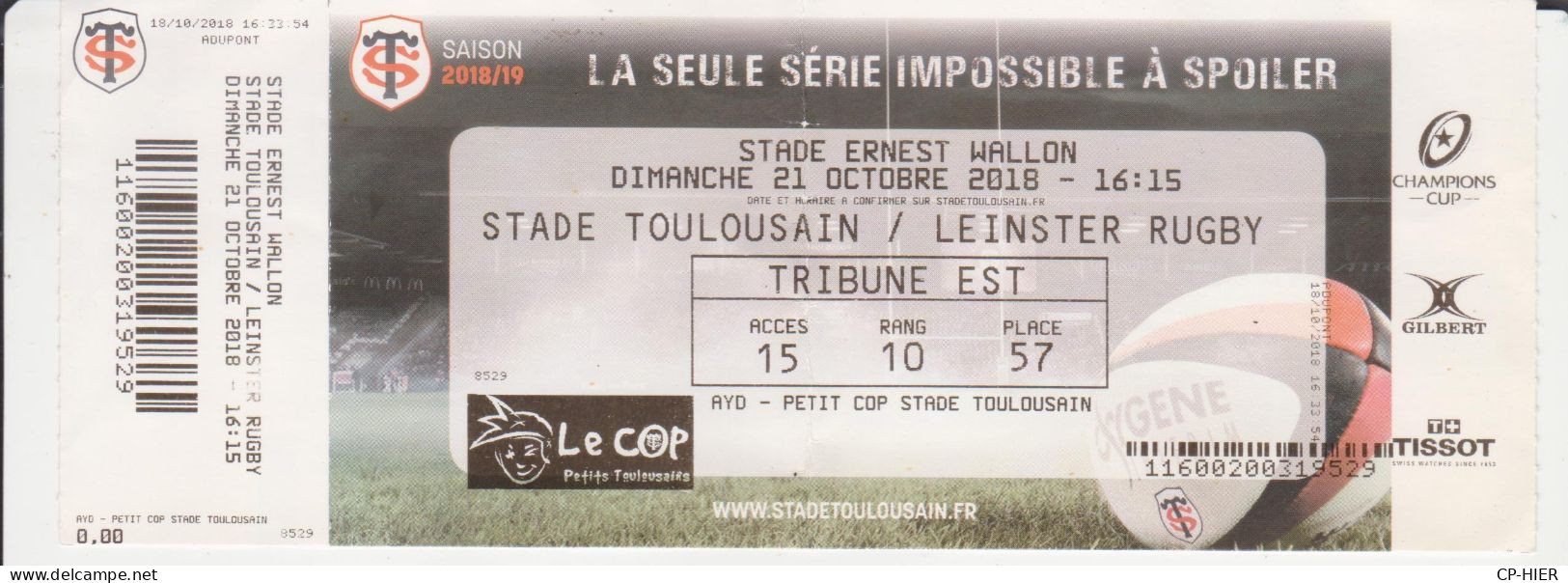 BILLET STADE DE RUGBY DE TOULOUSE  ERNEST WALLON - MATCH TOULOUSAIN LEINTERS  CHAMPIONS CUP - Rugby