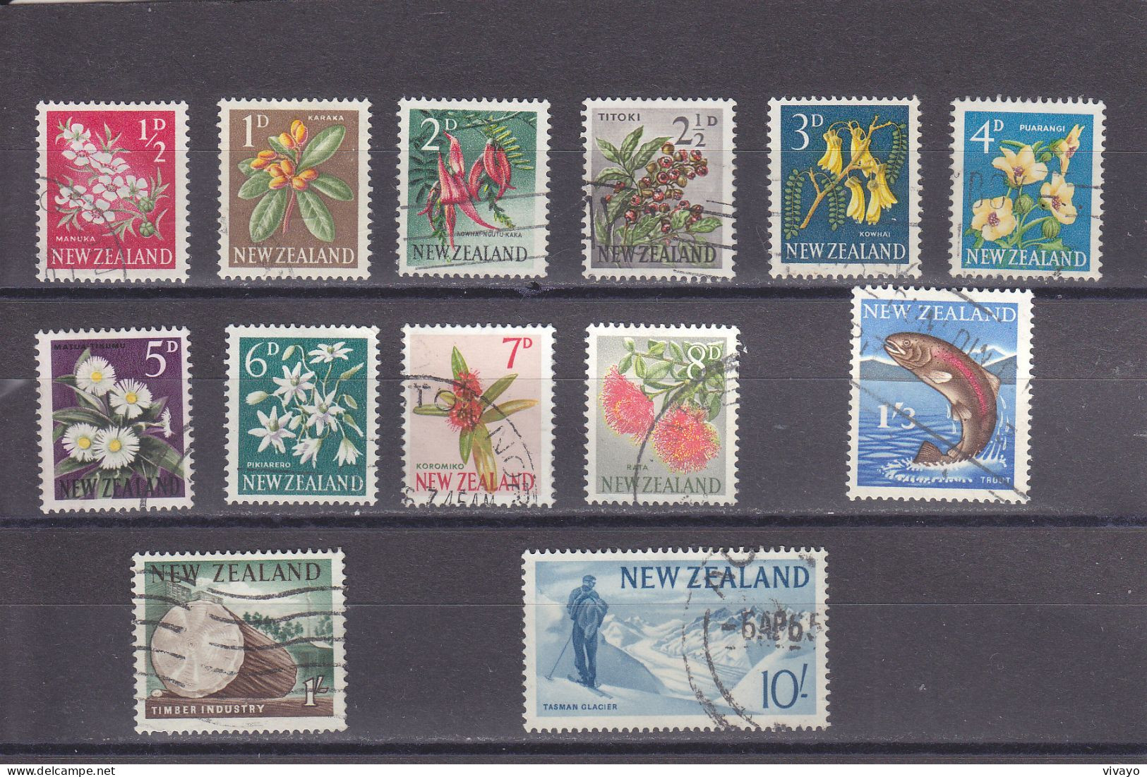 NEW ZEALAND - O / FINE CANCELLED - 1960/1963 - DEFS. - FLOWERS, WOOD, FISH, TASMAN GLACIAR - Oblitérés