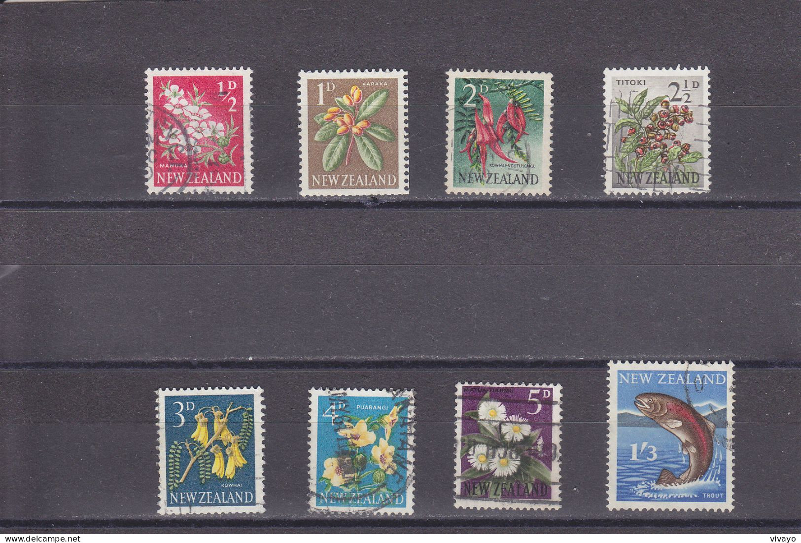 NEW ZEALAND - O / FINE CANCELLED - 1960/1963 - DEFS. - FLOWERS, FISH - Mi. 392/398, 403 - Used Stamps