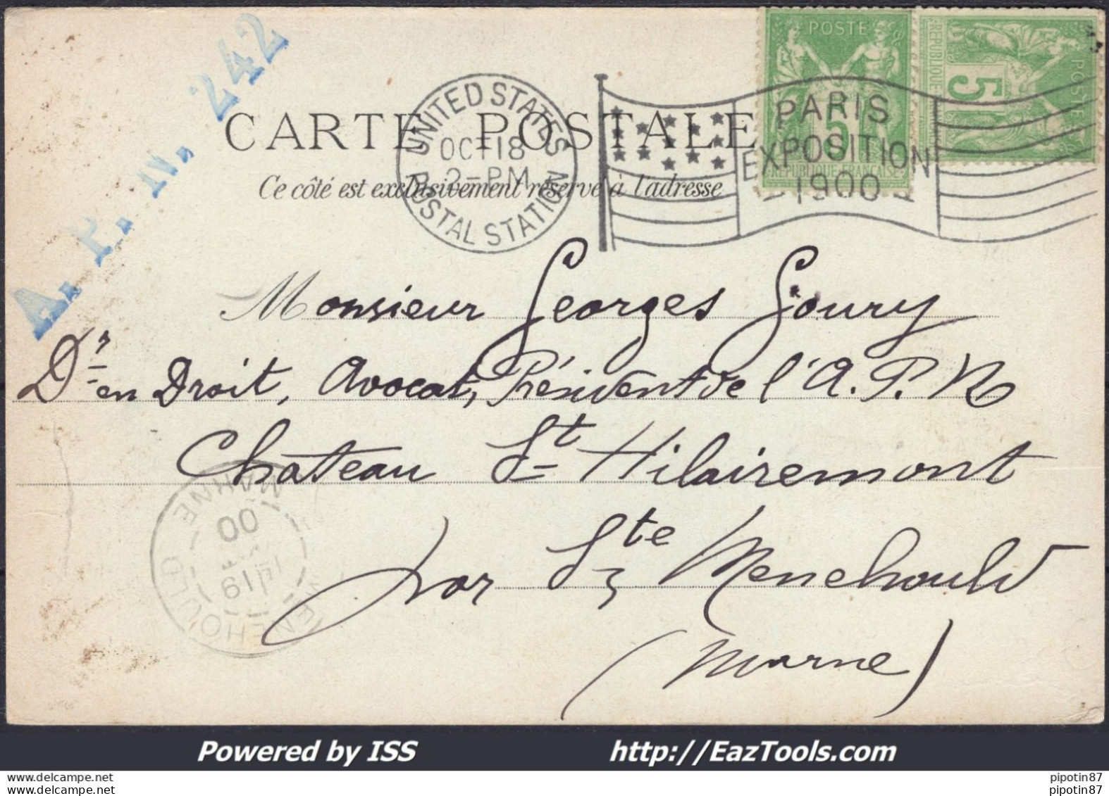 FRANCE N°106x2 SUR CP CACHET PARIS EXPO 1900 + CAD US POSTAL STATION 18/10/1900 - 1898-1900 Sage (Type III)