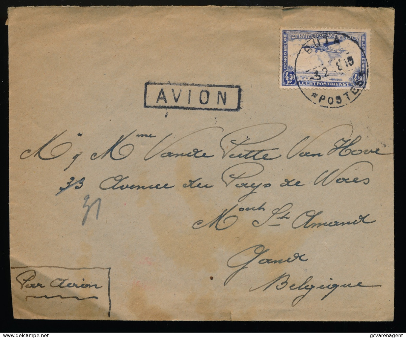 ENVELOPPE 19??   PAR AVION - A MONT ST.AMAND GAND BELGIQUE   4,50 FR     2 SCANS - Storia Postale