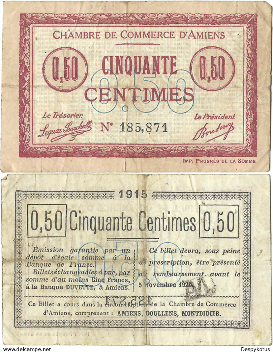 France - BILLET - Chambre De Commerce D'AMIENS - 50 Centimes - 1915 - JP.007.20 - 15-276 - Bons & Nécessité
