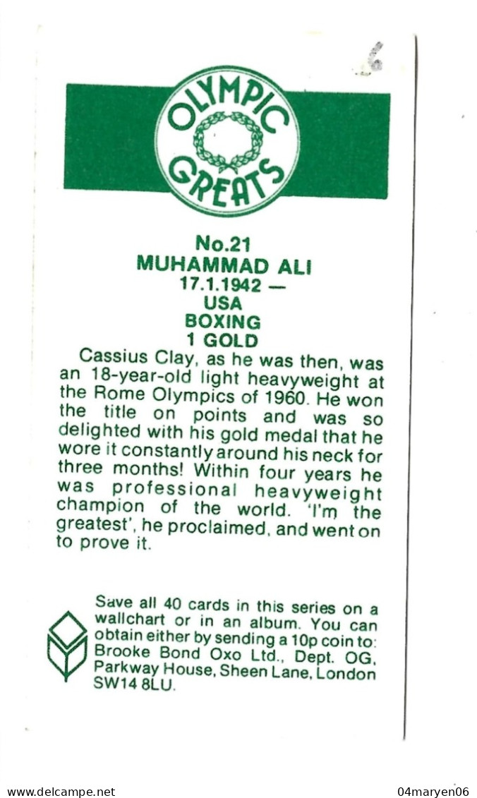 ***  1 X CHROMO  ***  -    MUHAMMAD  ALI   ***   -  Olympic  Greats  -   Zie / Voir Scan's - Trading Cards