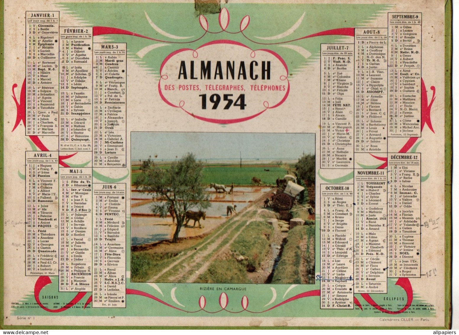 Calendrier Almanach Des P.T.T. 1954 Du Nord - Photo Rizière En Camargue - Oller - Format : 28.5x21.5 Cm - Grand Format : 1941-60