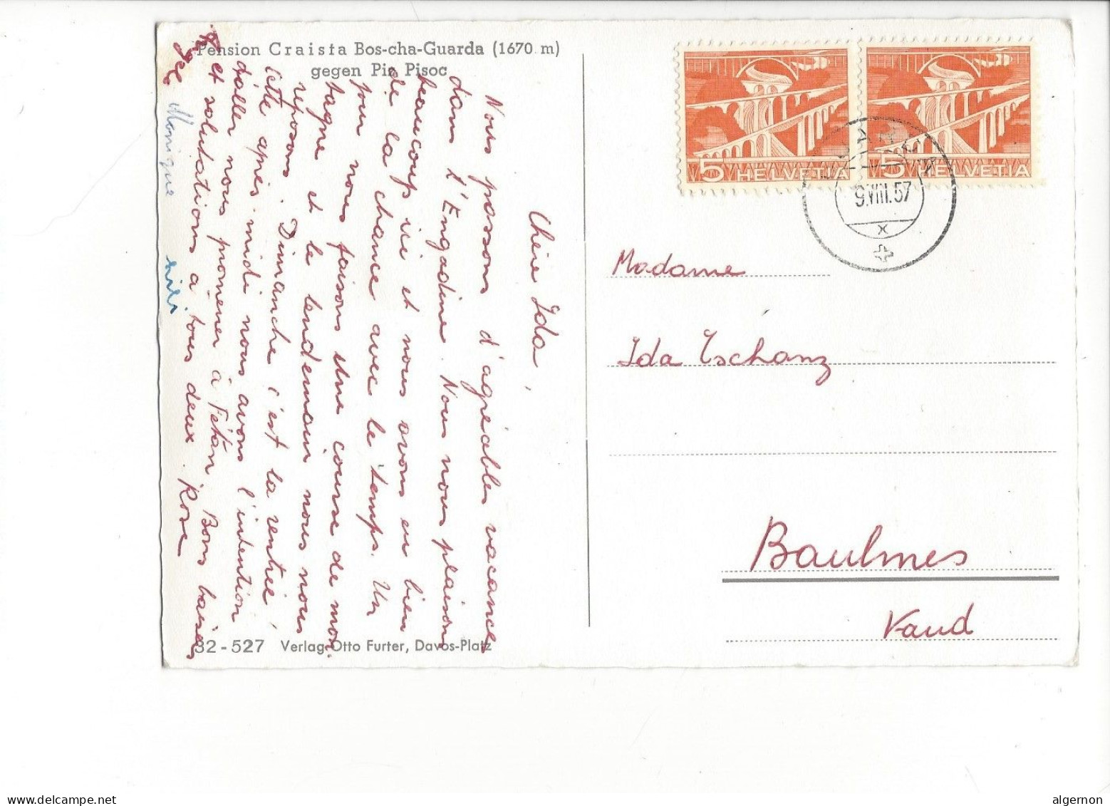 31761 - Pension Craista Bos-cha-Guarda Gegen Piz Pisoc  Cachet Guarda 1957 - Guarda