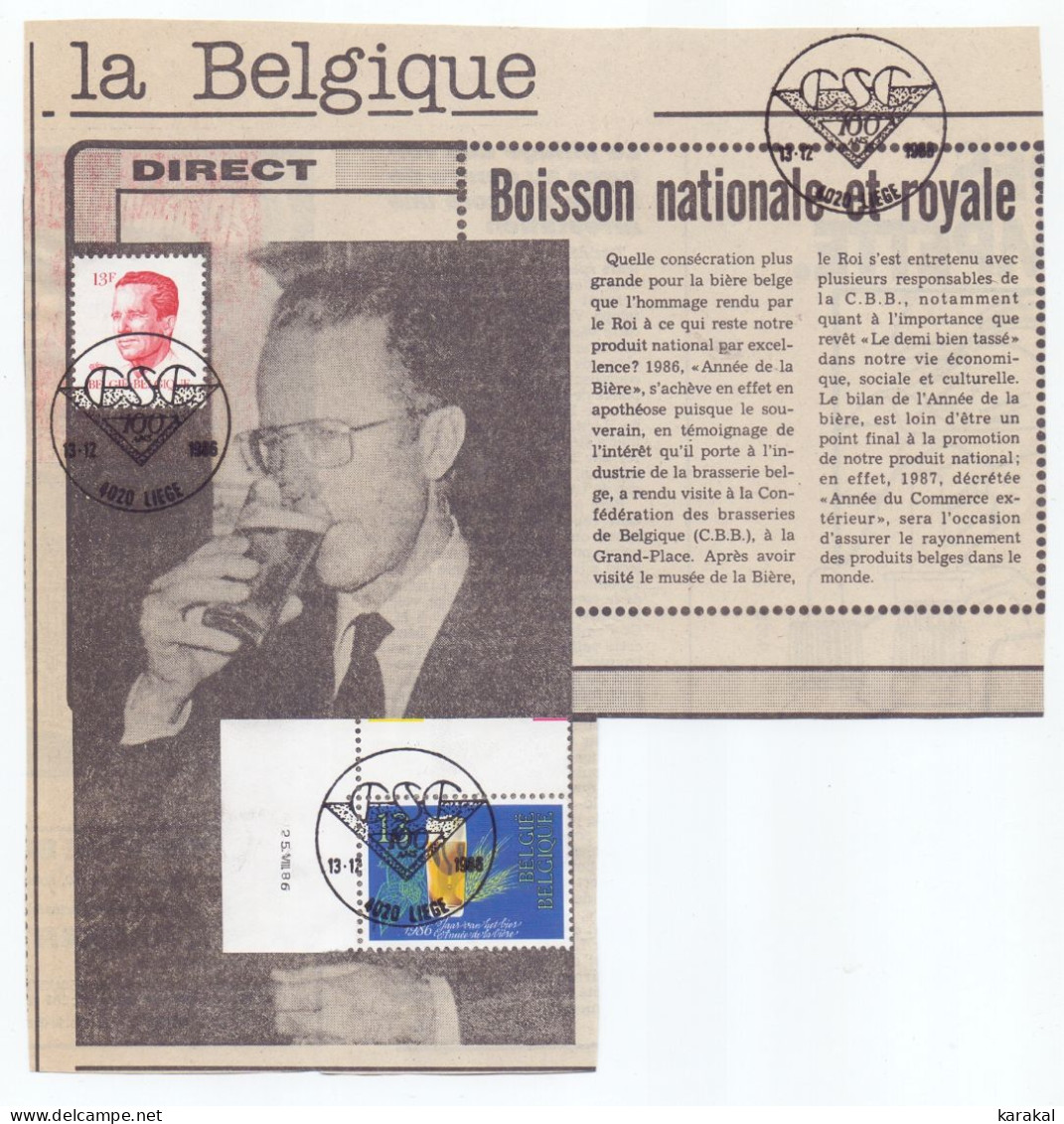 Belgique 2230 Bière Bier Beer 2203 Velghe 2 X FDC + 100ème Anniversaire CSC Sur Découpes De Journal 1986 - ....-1951
