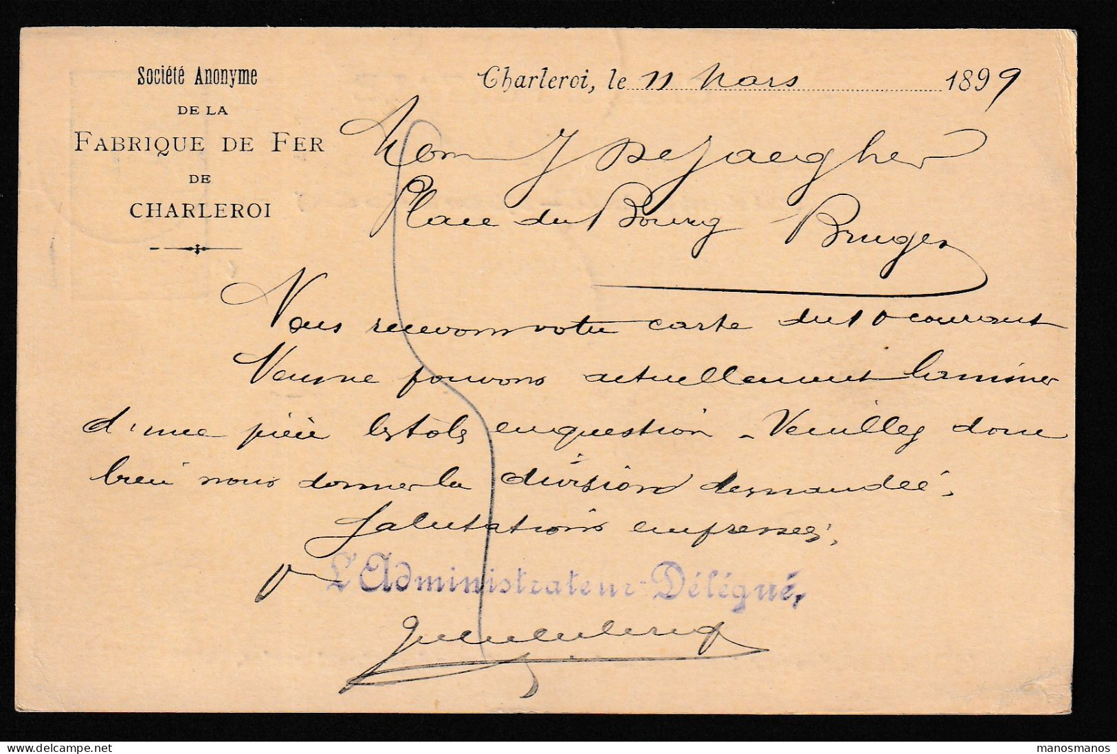 DDFF 028 -- Entier Armoiries Ambulant CHARLEROI-BRAINE LE COMTE 1899 Vers BRUGES - Ambulanti