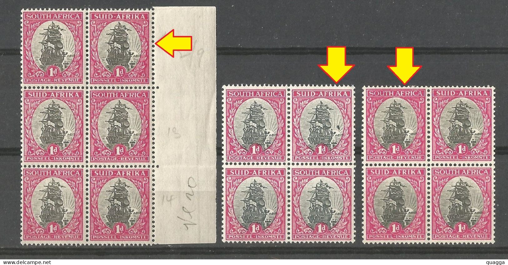 South Africa 1950. 1d Ship. SACC 114, SG 115. UHB 45B V30, V39, V41. - Unused Stamps