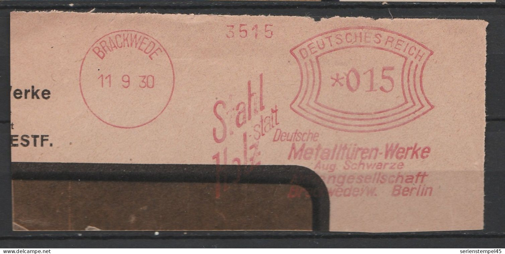 Deutsches Reich Briefstück Mit Freistempel Brackewede 1930 Deutsche Metalltüren Werke Aug. Schwarze - Machines à Affranchir