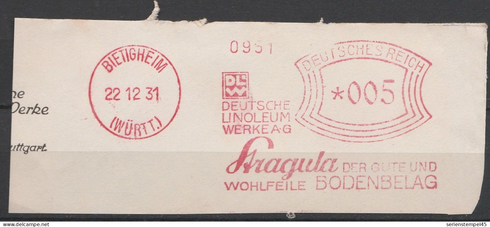 Deutsches Reich Briefstück Mit Freistempel Bietigheim 1931 Württenberg Stragula Bodenbelag - Franking Machines