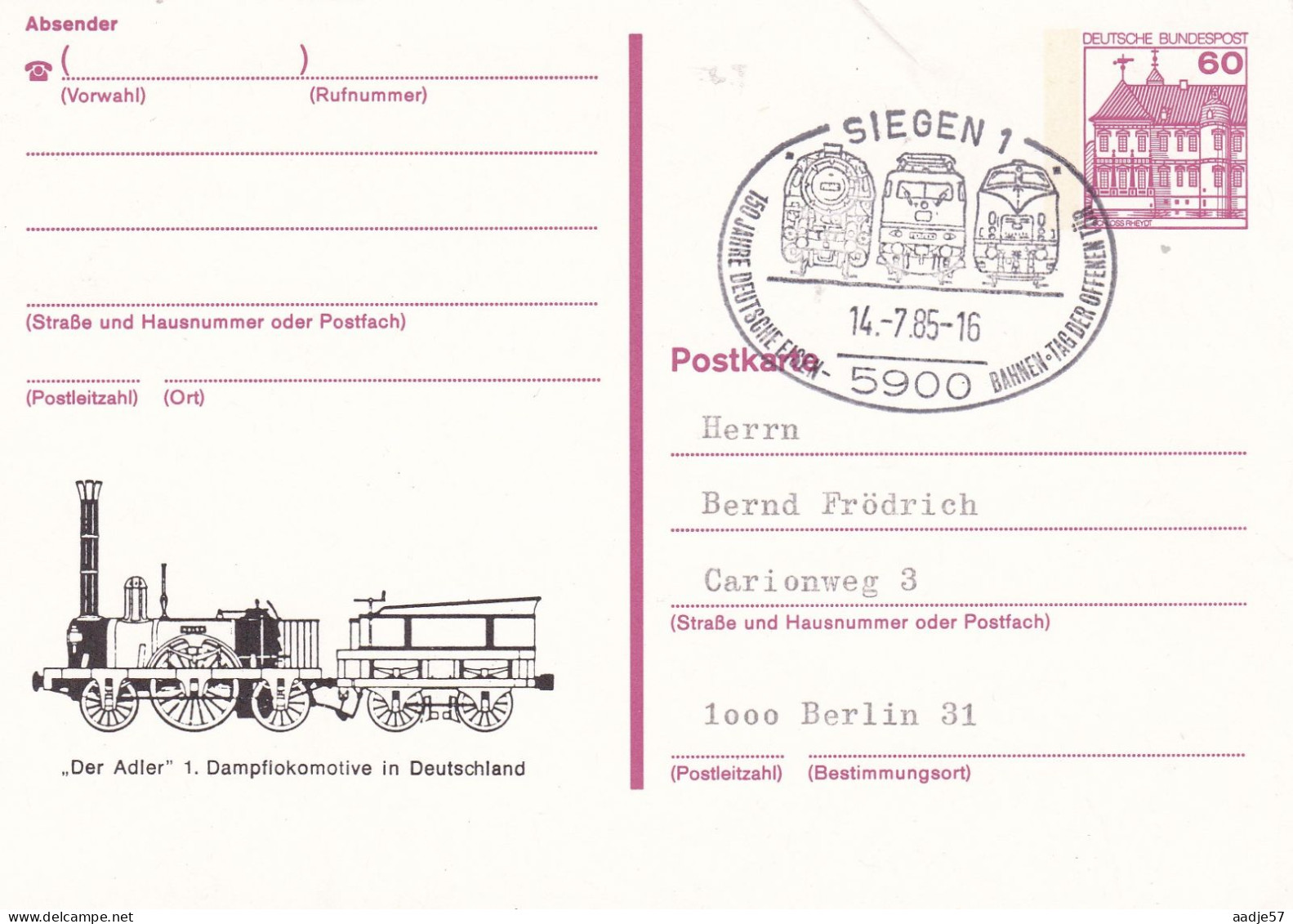 Germany Deutschland  150 Jahre Deutsche Eisenbahnen Siegen Der Adler 1 Dampflokomotive In Deutschland 14-07-1985 - Privatpostkarten - Gebraucht