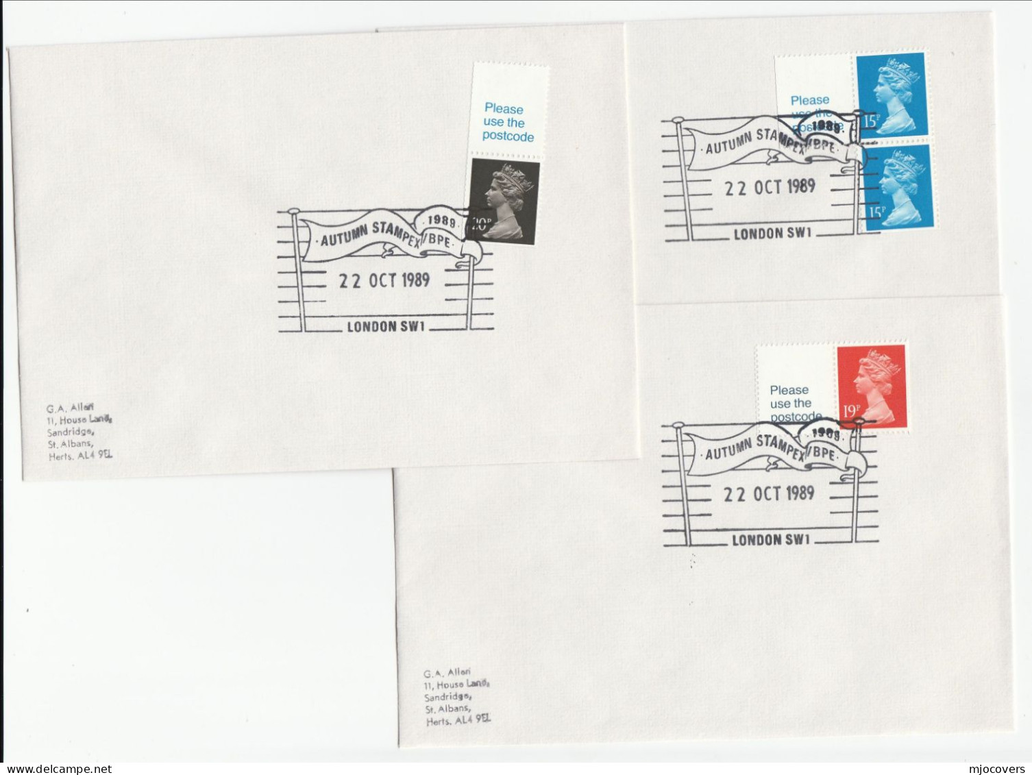 3 Diff 1989 AUTUMN STAMPEX With POSTCODE SELVEDGE Stamps EVENT COVERS Cover GB Philatelic Exhibition - Brieven En Documenten
