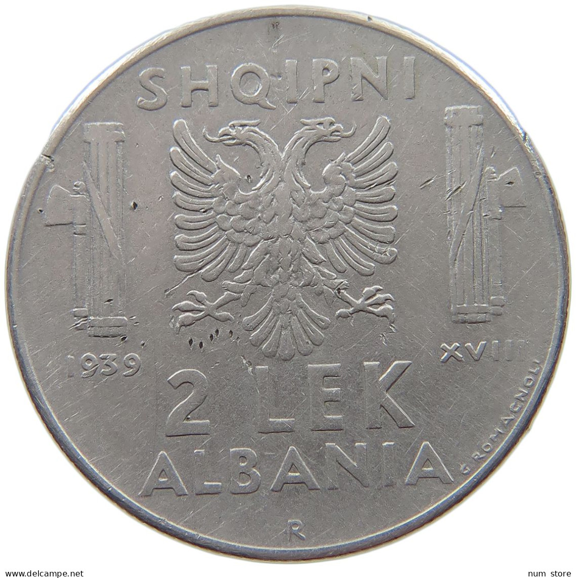 ALBANIA 2 LEK 1939 Italian Occupation (1939-1943) #s070 0199 - Albania
