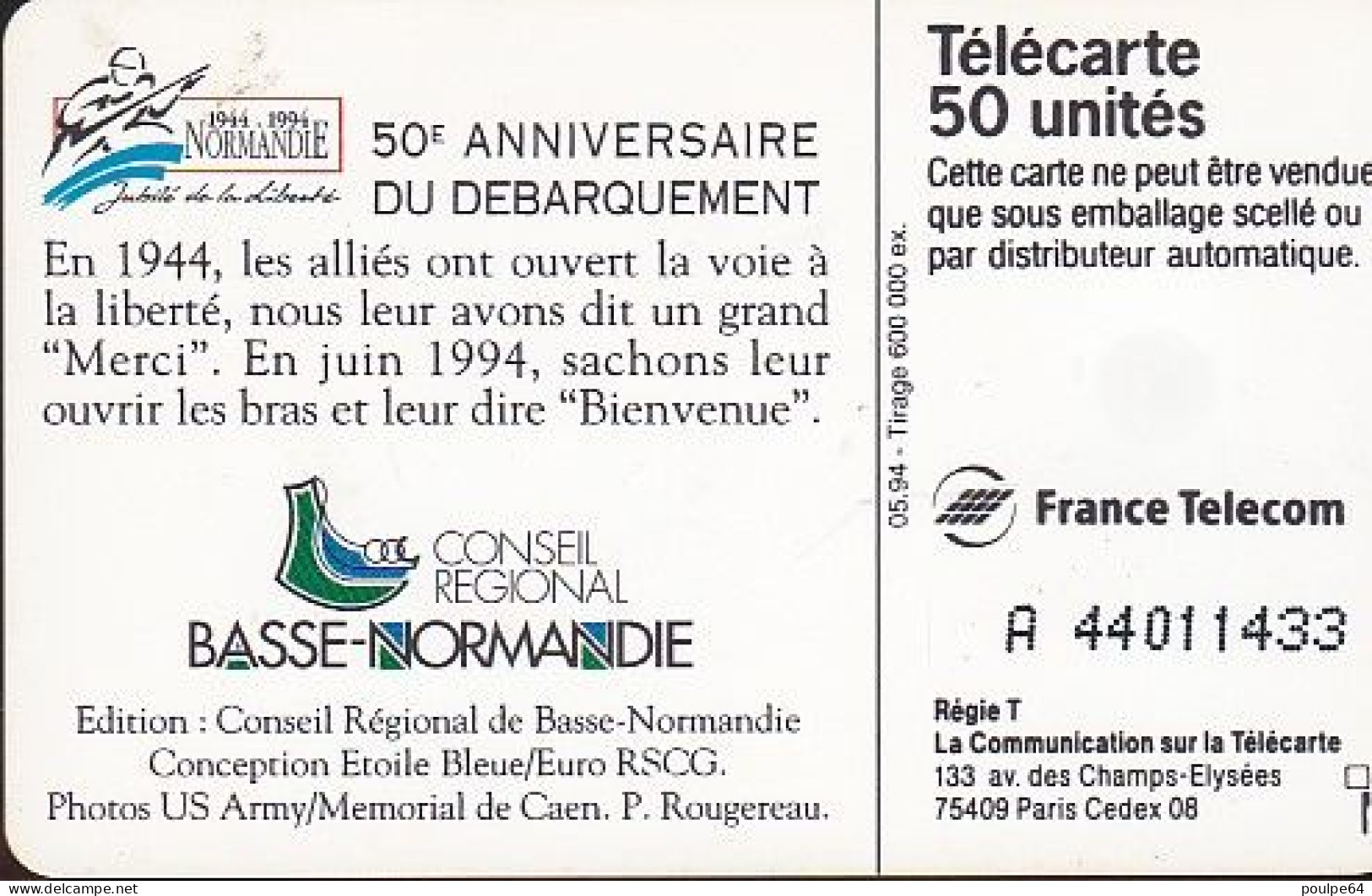 F463A - 05/1994 - DÉBARQUEMENT WELCOME - 50 SO5 (verso : N° Penchés) - 1994