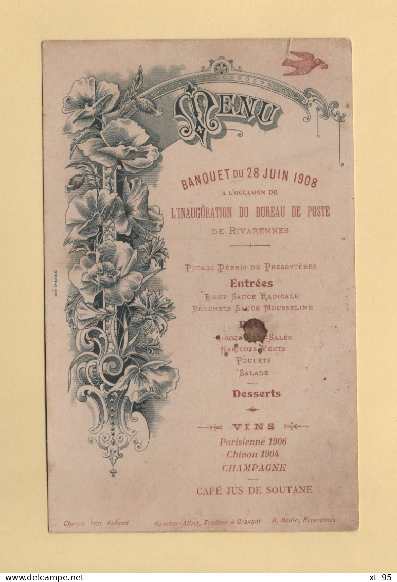 Menu - Banquet Du 28 Juin 1908 - Inauguration Du Bureau De Poste De Rivanrennes - Indre Et Loire - Menu