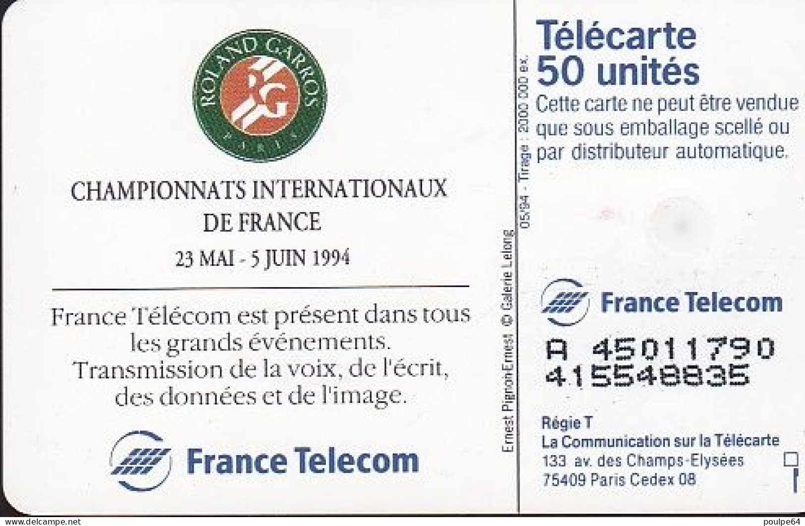F465Ba - 05/1994 - ROLAND GARROS 94 - 50 SO5 (verso : N° Deux Lignes) - 1994