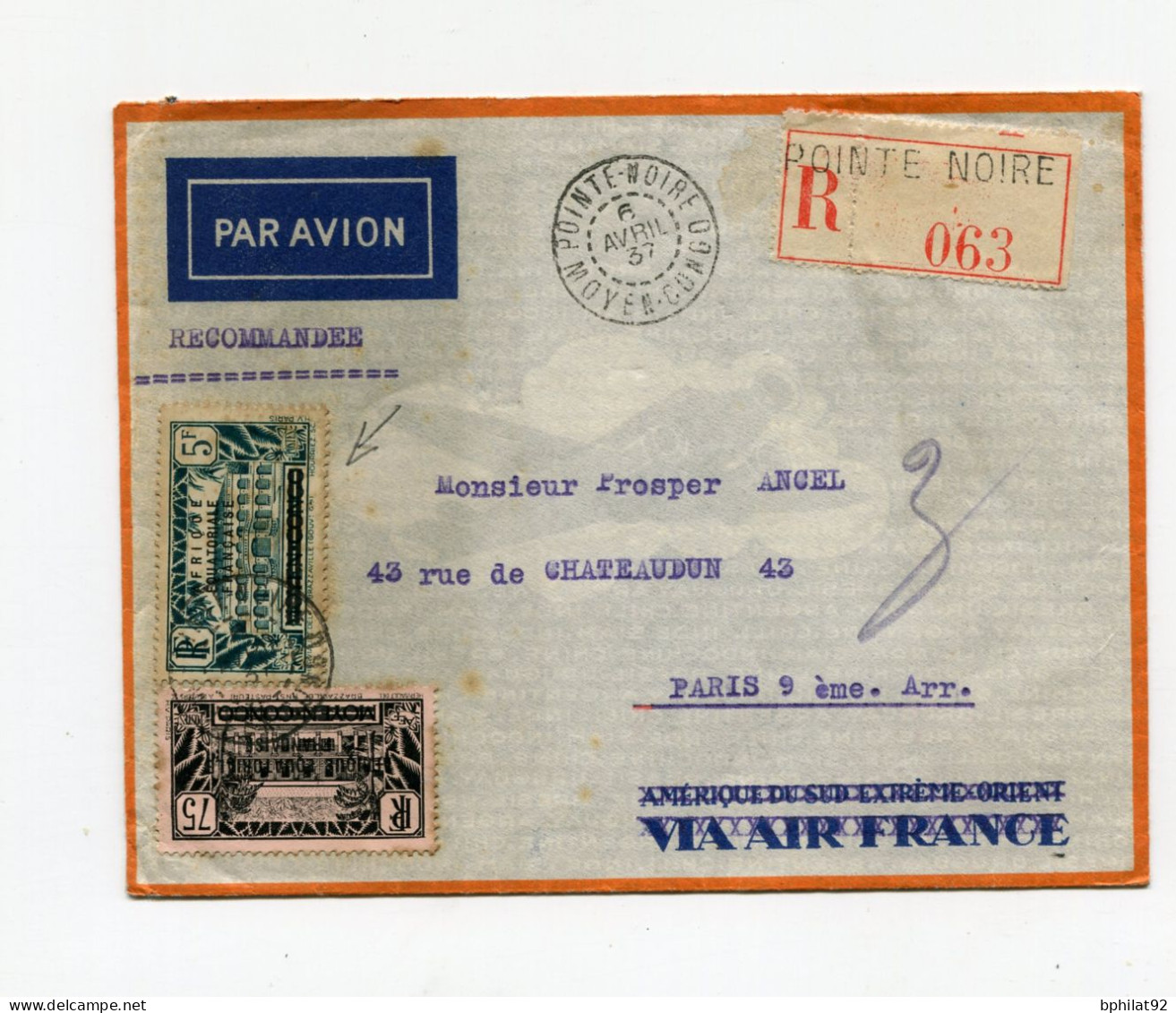 !!! AEF, LETTRE RECOMMANDEE PAR AVION DE POINTE NOIRE DE 1937 POUR PARIS - Cartas & Documentos