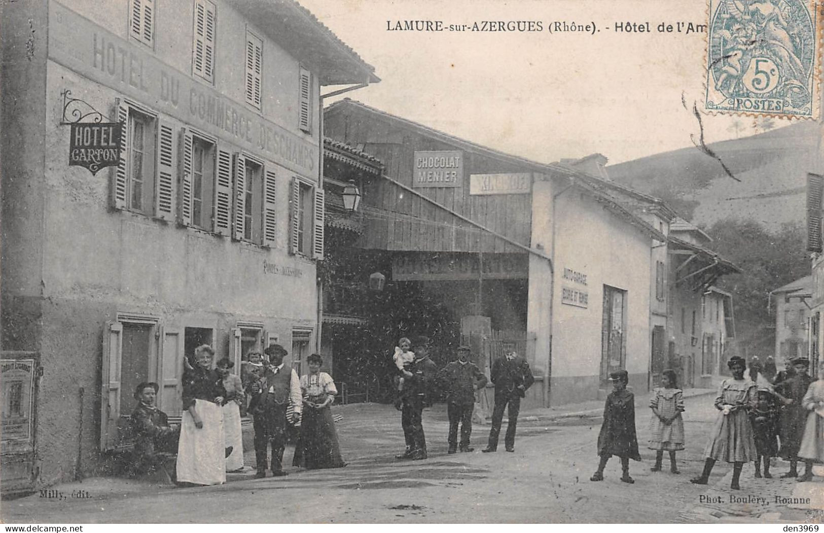 LAMURE-sur-AZERGUES (Rhône) - Hôtel De L'Amélie, Deschamps, Carton - Pub Chocolat Menier - Voyagé 1907 (2 Scans) - Lamure Sur Azergues