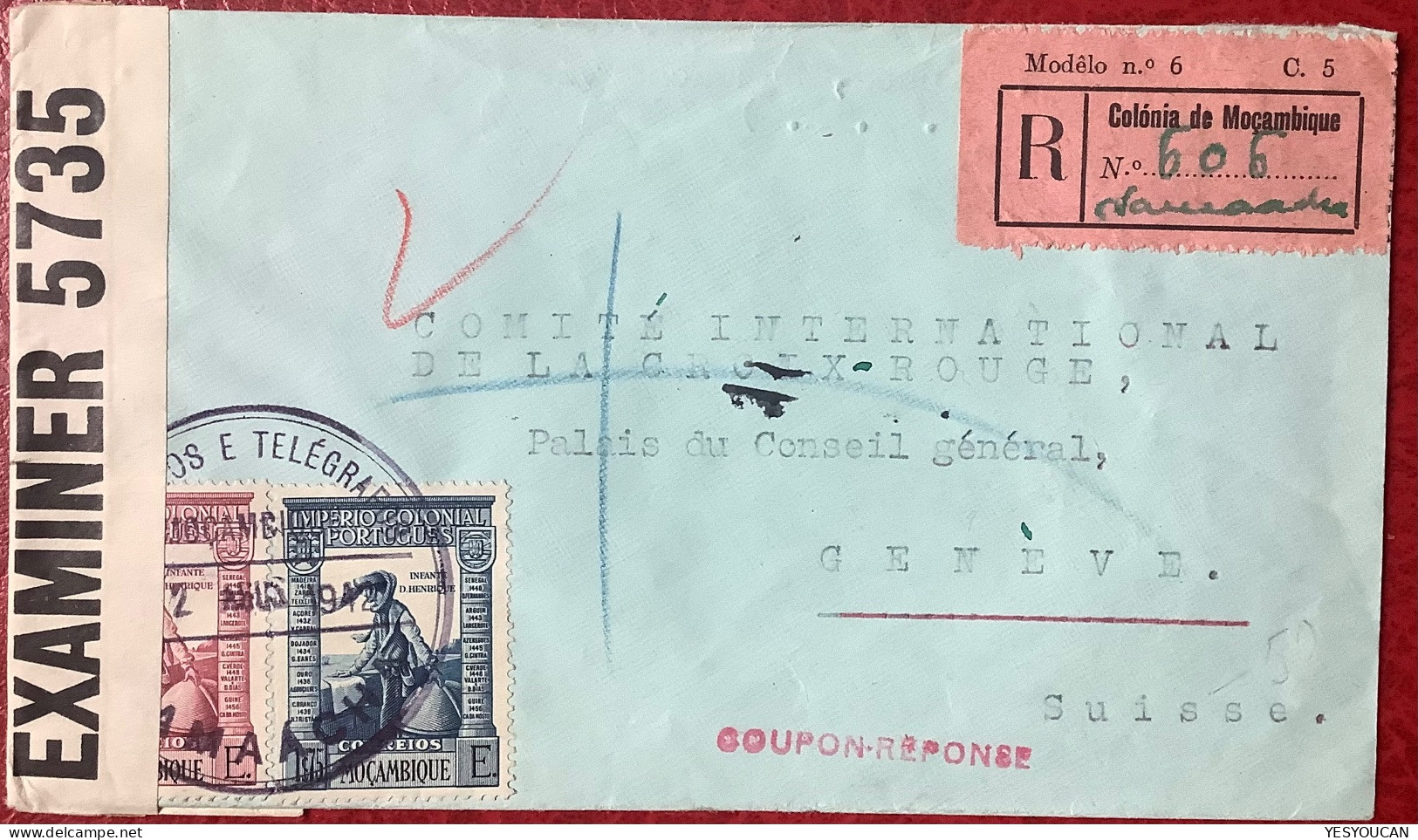 NAMAACHA 1942 MOÇAMBIQUE Rare Censored Registered Cover"coupon-réponse">Croix Rouge Genève (WW2 War 1939-1945 Portugal - Mosambik