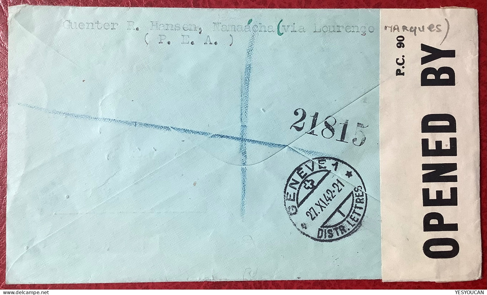 NAMAACHA 1942 MOÇAMBIQUE Rare Censored Registered Cover"coupon-réponse">Croix Rouge Genève (WW2 War 1939-1945 Portugal - Mosambik