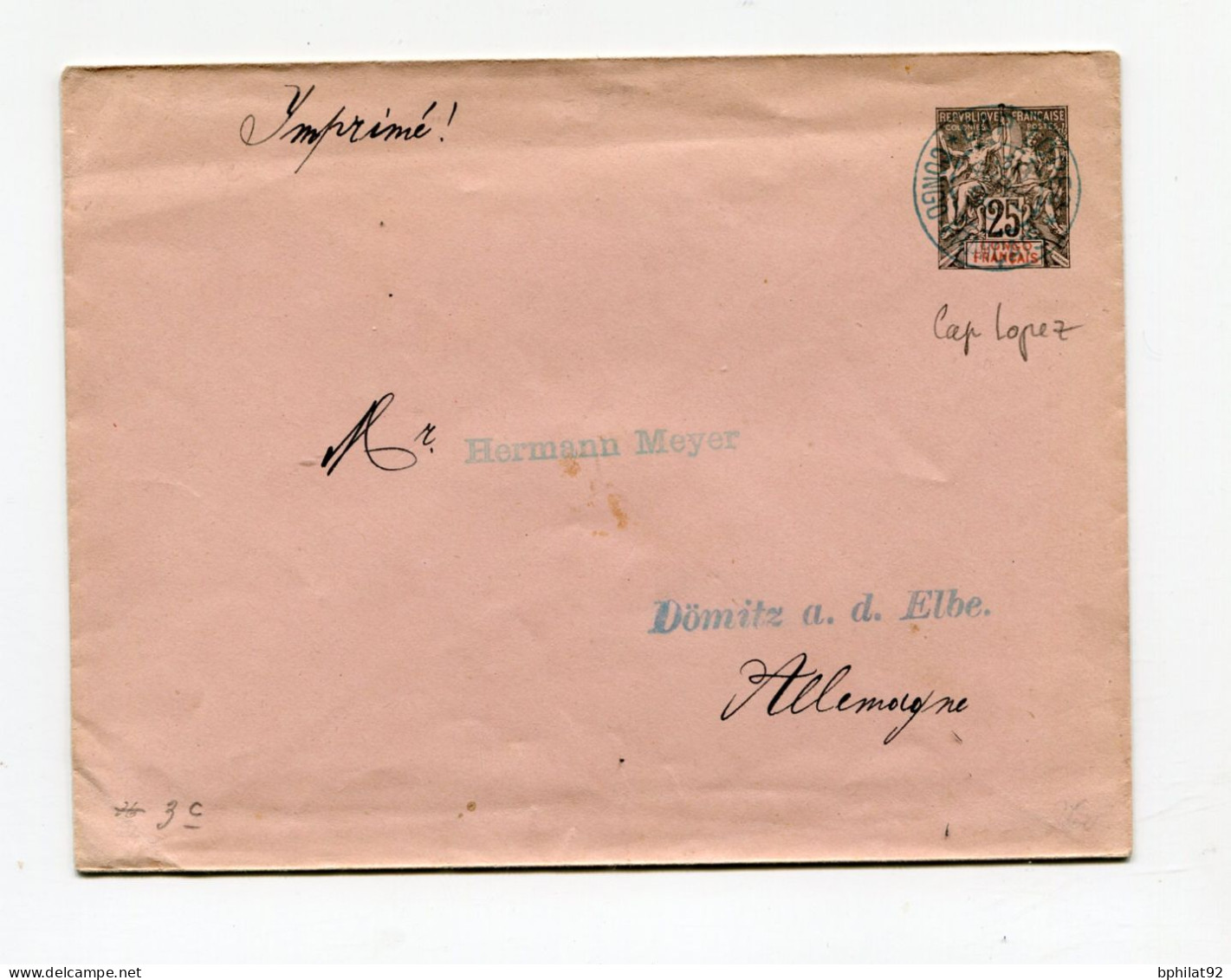 !!! CONGO, ENTIER POSTAL DE CAP LOPEZ POUR L'ALLEMAGNE DE 1906 - Storia Postale