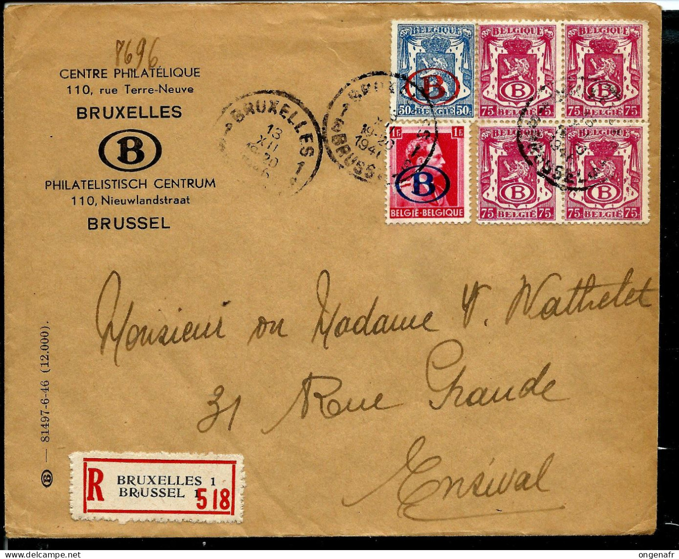 Env. Ent. Avec  Bloc De 4 N° S27 + N° S28 Et S30 Obl. BXL 13/12/1941 Pour Ensival En Rec. - Lettres & Documents