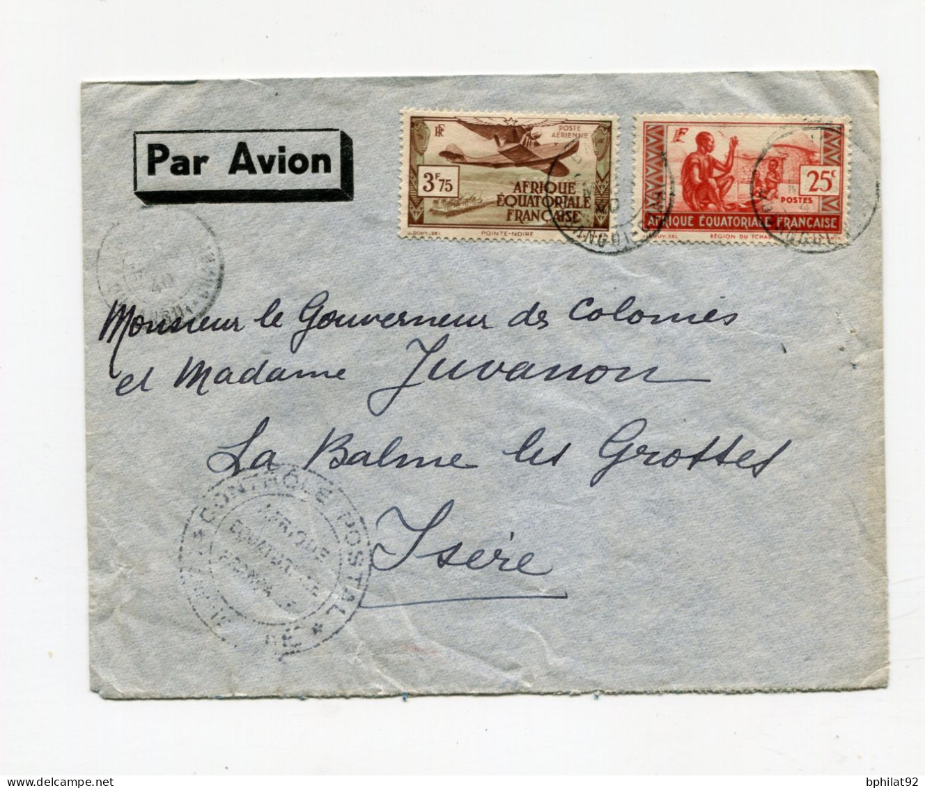 !!! AEF, LETTRE PAR AVION DE BOZOUM POUR L'ISERE DE 1940 AVEC CENSURE DE L'AEF - Cartas & Documentos