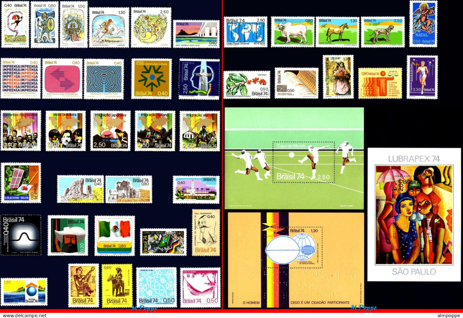 Ref. BR-Y1974 BRAZIL 1974 - ALL STAMPS ISSUED, FULLYEAR, SCOTT 1332-1374, MNH, . 43V Sc# 1332-1374 - Années Complètes