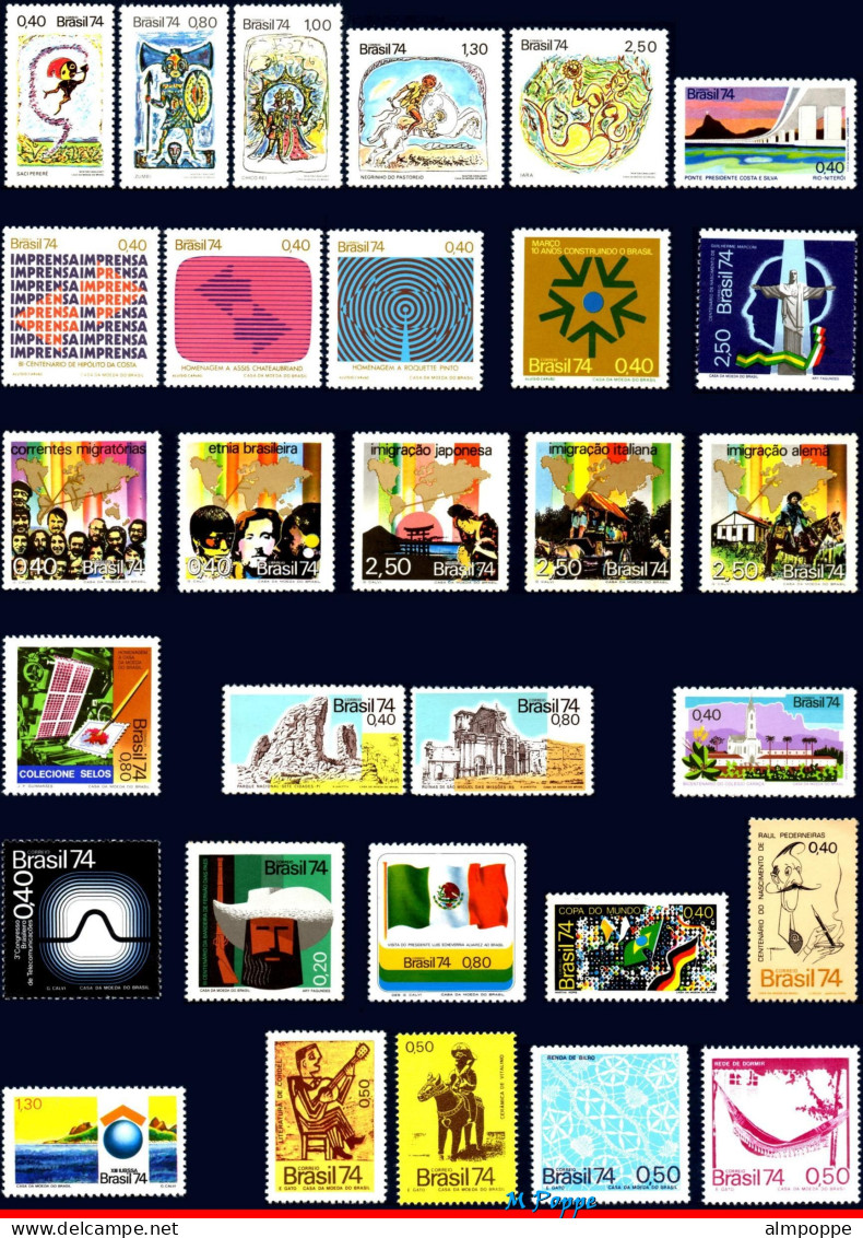 Ref. BR-Y1974 BRAZIL 1974 - ALL STAMPS ISSUED, FULLYEAR, SCOTT 1332-1374, MNH, . 43V Sc# 1332-1374 - Años Completos