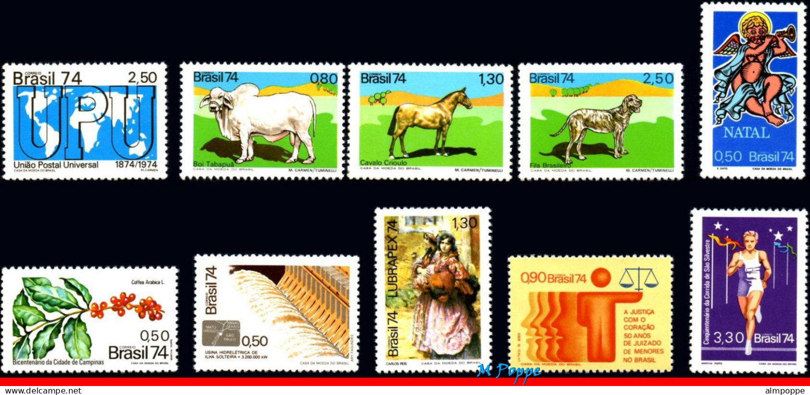 Ref. BR-Y1974 BRAZIL 1974 - ALL STAMPS ISSUED, FULLYEAR, SCOTT 1332-1374, MNH, . 43V Sc# 1332-1374 - Full Years